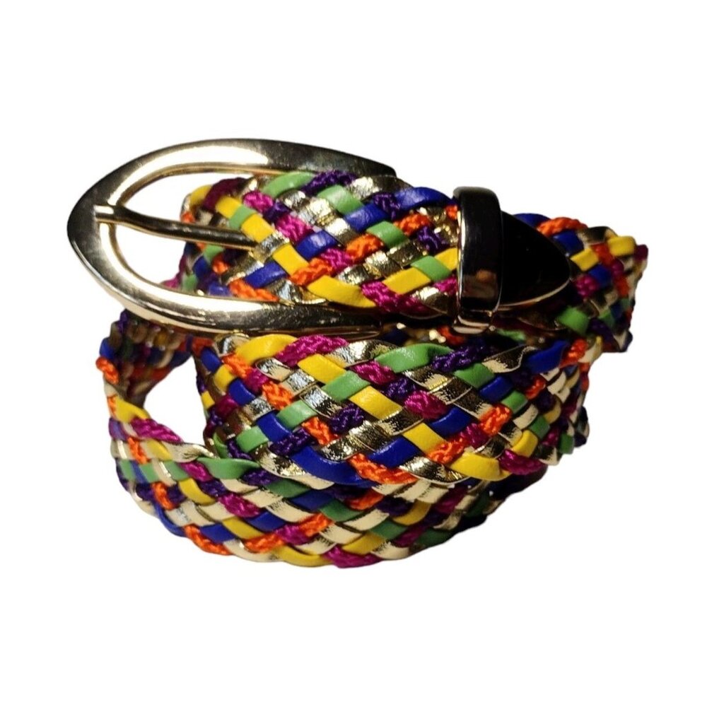 Vintage Women's M Woven Leather Metallic Belt USA Brass Buckle Rainbow Colorful